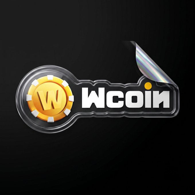 A 3D rendered logo for 'Wcoin' featuring a golden casino-style chip with a 'W' letter, displayed on a dark background with a holographic peel-off sticker effect on the corner.