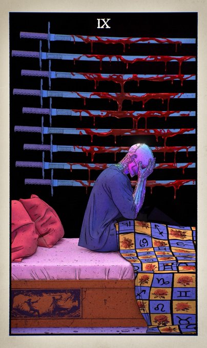 Tarot card 'IX' (Nine of Swords) depicting a distressed figure sitting on a bed with a patterned blanket, with nine swords dripping blood on the wall behind.