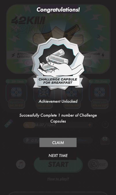 A STEPN app achievement screen showing 'Congratulations!' for unlocking the 'CHALLENGE CAPSULE FOR BREAKFAST' badge after completing a challenge.