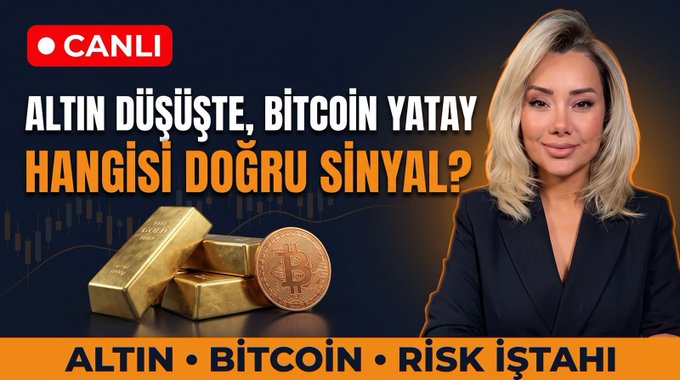 A live Turkish stream thumbnail features a blonde presenter beside gold bars and a Bitcoin, with text reading "CANLI," "ALTIN DÜŞÜŞTE, BİTCOİN YATAY HANGİİ DOĞRU SİNYAL?" and "ALTIN • BİTCOIN • RİSK İŞTAHI," promoting her September 7 analysis comparing gold's drop to Bitcoin's flat movement to identify the correct market signal.