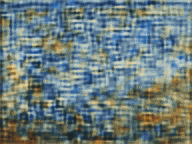 An abstract, highly textured digital artwork or glitch art piece, composed of dense horizontal and vertical lines in blue, yellow, and brown tones.