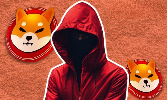 A figure in a red hooded jacket standing between two Shiba Inu (SHIB) coin logos against a textured orange background.