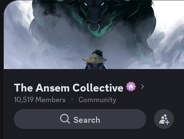 The image shows a Discord community server called "The Ansem Collective" with 10,519 members, featuring artwork of a warrior facing a large shadowy figure with glowing green eyes. This relates to the post promoting a community around ANSEM's cryptocurrency, directing people to the associated Discord server for his crypto project.