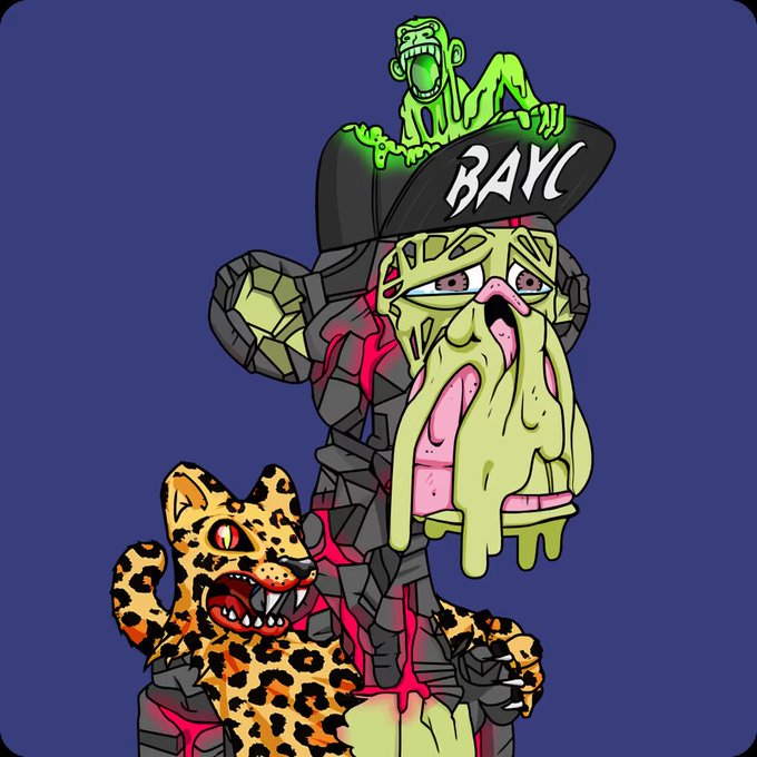 A digital illustration featuring a Bored Ape NFT character wearing a cap labeled 'BAYC' with a small green zombie-like figure on top, alongside a leopard with sharp teeth, set against a dark blue background.