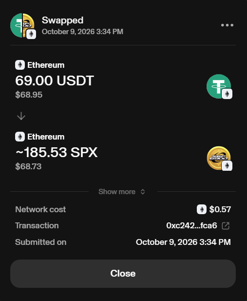 A cryptocurrency swap confirmation screen dated October 9, 2026, showing an exchange of 69.00 USDT for ~185.53 SPX on the Ethereum network with a $0.57 network cost.