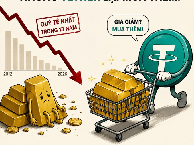 An illustrated infographic in Vietnamese showing gold bars and a Tether (USDT) coin character with a shopping cart, with text indicating 'QUỸ TỆ NHẤT TRONG 13 NĂM' (worst fund in 13 years) and 'GIÁ GIẢM? MUA THÊM!' (price down? buy more!).