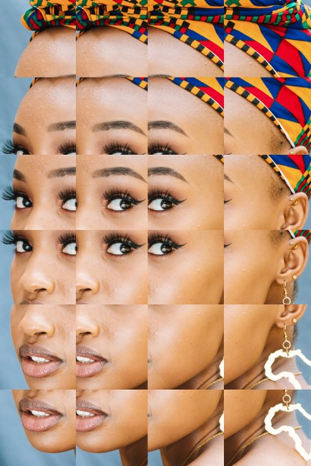A portrait photo of a woman wearing a colorful geometric headwrap and large white earrings, split into a grid pattern showing repeated slices of her face.