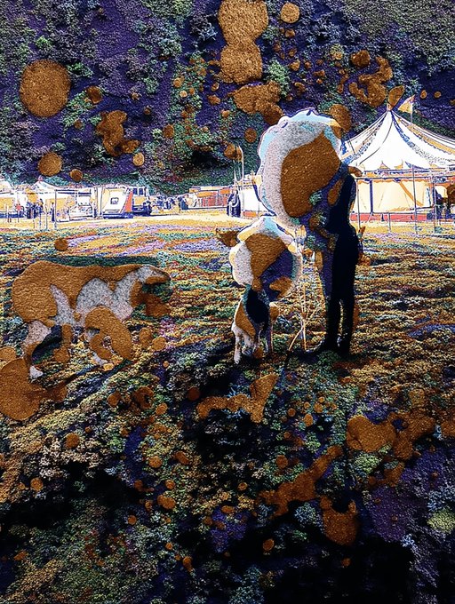 A distorted/filtered photograph of a festival or fairground scene with tents, people, and what appears to be horses or animals, overlaid with rust-colored blotches.