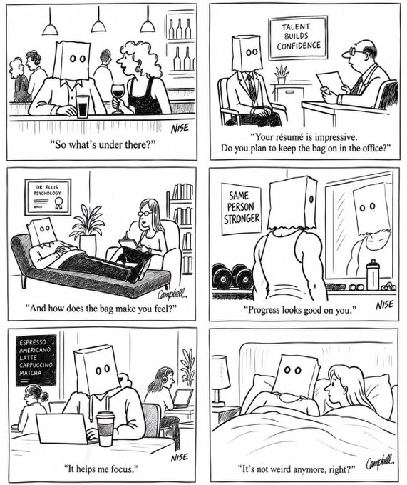 A six-panel comic strip depicting a person wearing a paper bag over their head navigating various social situations—being asked "So what's under there?" at a bar, in a job interview ("Your résumé is impressive. Do you plan to keep the bag on in the office?"), in therapy ("And how does the bag make you feel?"), at the gym ("Progress looks good on you."), at a café ("It helps me focus."), and in bed ("It's not weird anymore, right?").