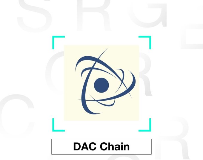 A logo graphic with a navy blue abstract design inside cream-colored square brackets, labeled 'DAC Chain' at the bottom on a white background with faded watermark letters.