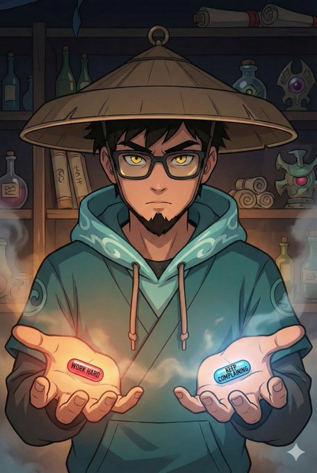 An anime-style illustration of a young man with glasses wearing a straw hat and teal hoodie, holding two glowing pills labeled 'WORK HARD' and 'KEEP COMPLAINING'.
