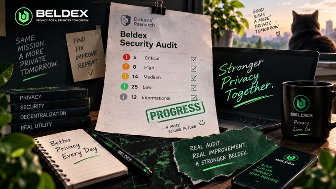 A promotional graphic for 'BELDEX' showing a security audit progress chart with categories (5 Critical, 8 High, 14 Medium, 25 Low, 12 Informational), a notebook reading 'Better Privacy Every Day', and a black mug.