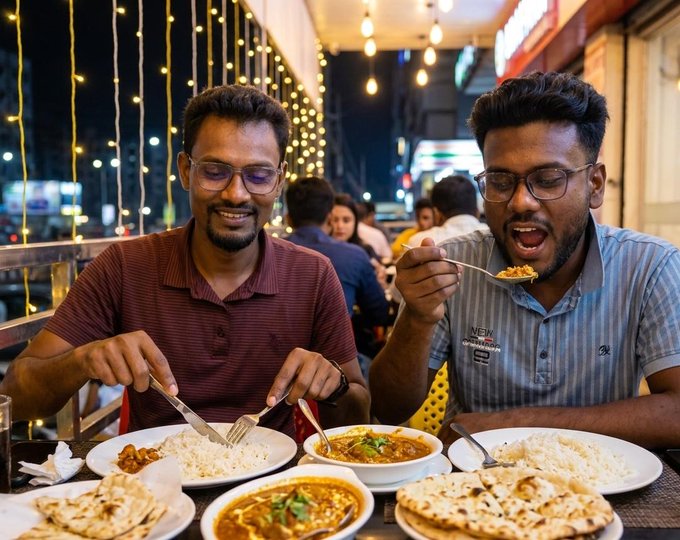 In this image, there are two men sitting at a dining table with plates of food in front of them. One man has a plate of food while the other one has a fork in his hand, ready to eat. The table also has cups on it. They appear to be enjoying their meal together and having a good time.
