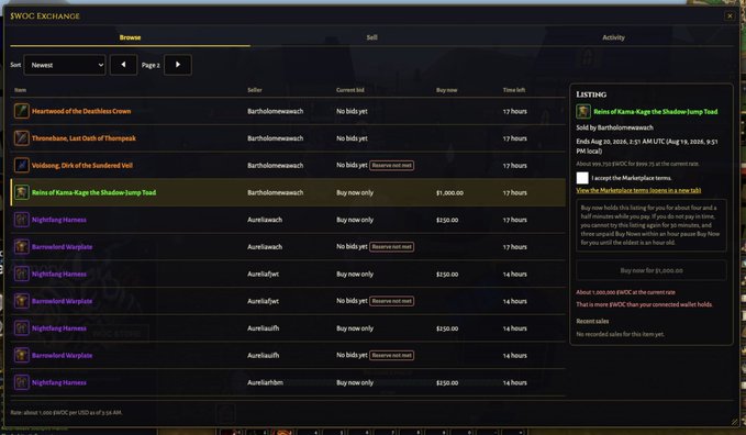 A screenshot of the $WOC Exchange marketplace interface, showing the Browse tab with multiple item listings including "Heartwood of the Daedalus Crown" and "Thronebane, Last Cholk of Thumpnak" priced at $1,600-$250 (with the featured "Reins of Kama-Kaga the Shadow Jump Toad" highlighted on the right), demonstrating the peer-to-peer trading system with buy now options, reserve not met notices, and seller information like "Bartholomewawash" and "Aureliawack."