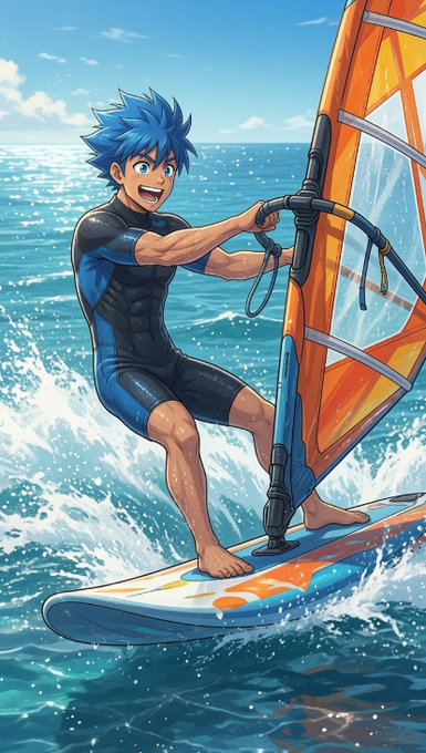 An anime-style illustration of a blue-haired young man windsurfing on bright blue ocean waters under a sunny sky.