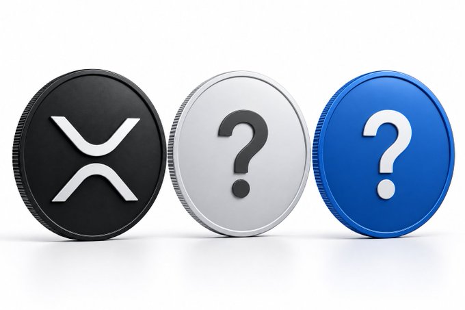 Three cryptocurrency coins are displayed, with the left black coin showing the XRP logo and the other two (silver and blue) featuring question marks, representing the two new payment assets being teased.