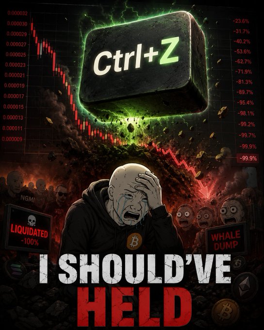 A dramatic crypto meme image shows a crying bald trader facepalming beneath a massive, glowing "Ctrl+Z" key crashing down amid a red candlestick chart plummeting to -99.9%, with "LIQUIDATED -100%" and "WHALE DUMP" signs flanking him above bold text reading "I SHOULD'VE HELD." The artwork visually captures the post's theme of crypto traders' irreversible regrets, promoting the new $UNDO memecoin on Solana/PumpFun as a symbolic "undo button" for bad trades.