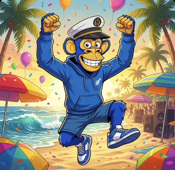 A vibrant cartoon illustration of a blue monkey character wearing a white captain's hat and blue tracksuit, celebrating with raised fists on a tropical beach with colorful umbrellas, balloons, and confetti.