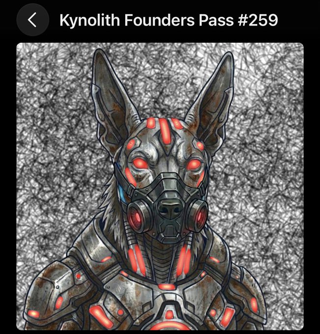 A digital artwork titled 'Kynolith Founders Pass #259' depicting a robotic cyberpunk dog/wolf with glowing red eyes and accents, wearing a gas mask against a chaotic sketched background.