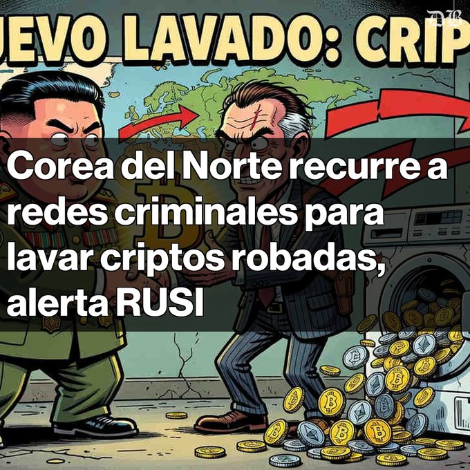 A political cartoon in Spanish with text 'NUEVO LAVADO: CRIP' and 'Corea del Norte recurre a redes criminales para lavar criptos robadas, alerta RUSI', depicting figures exchanging cryptocurrency.