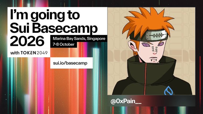 A promotional graphic for 'I'm going to Sui Basecamp 2026' at Marina Bay Sands, Singapore on 7-8 October with TOKEN2049, featuring an anime-style character with orange hair and a Sui logo jacket.