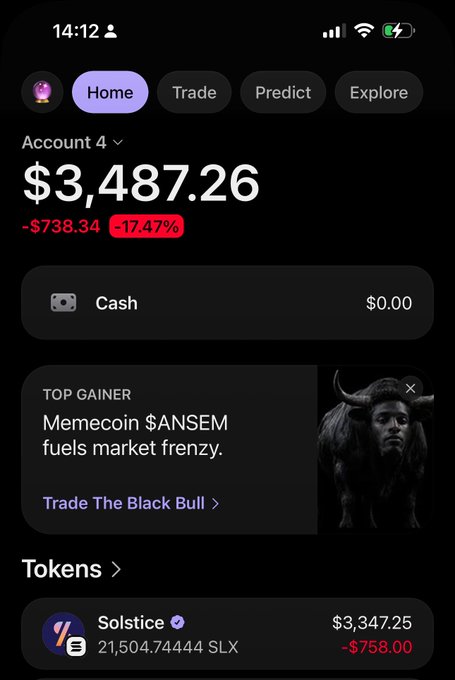 The image shows a trading account dashboard displaying a balance of $3,487.26, down $738.34 (-17.47%), with a significant holding of 21,504.74 $SLX (Solstice) worth $3,347.25.

This screenshot sharply contrasts with the celebratory post, as the actual account shows a substantial loss rather than a "whopping 5 million" gain—suggesting the post is either misleading or entirely fabricated, since the real trading data reveals a -17.47% portfolio decline.