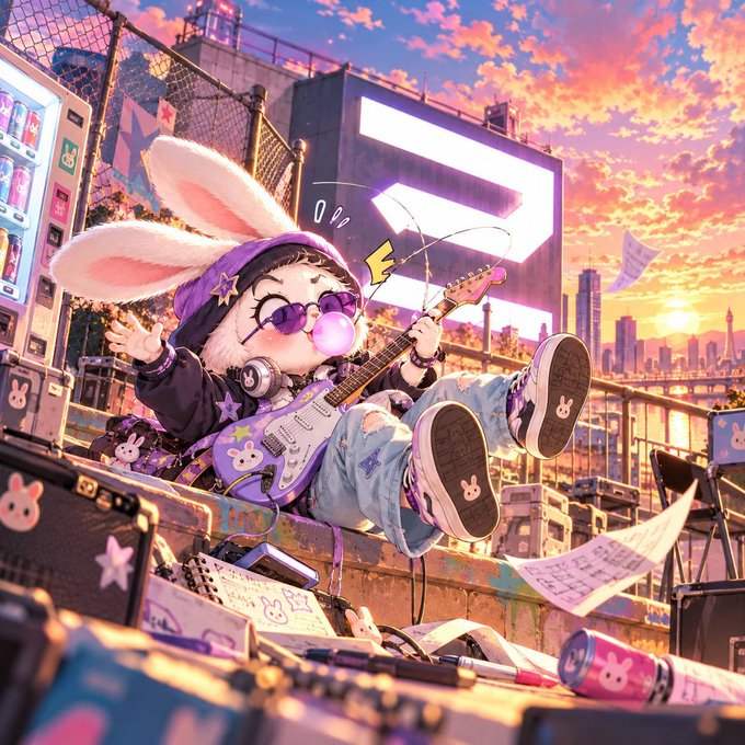An anime-style illustration of a cute character with rabbit ears, sunglasses, and bubblegum, playing a purple electric guitar in a graffiti-covered urban rooftop setting at sunset.