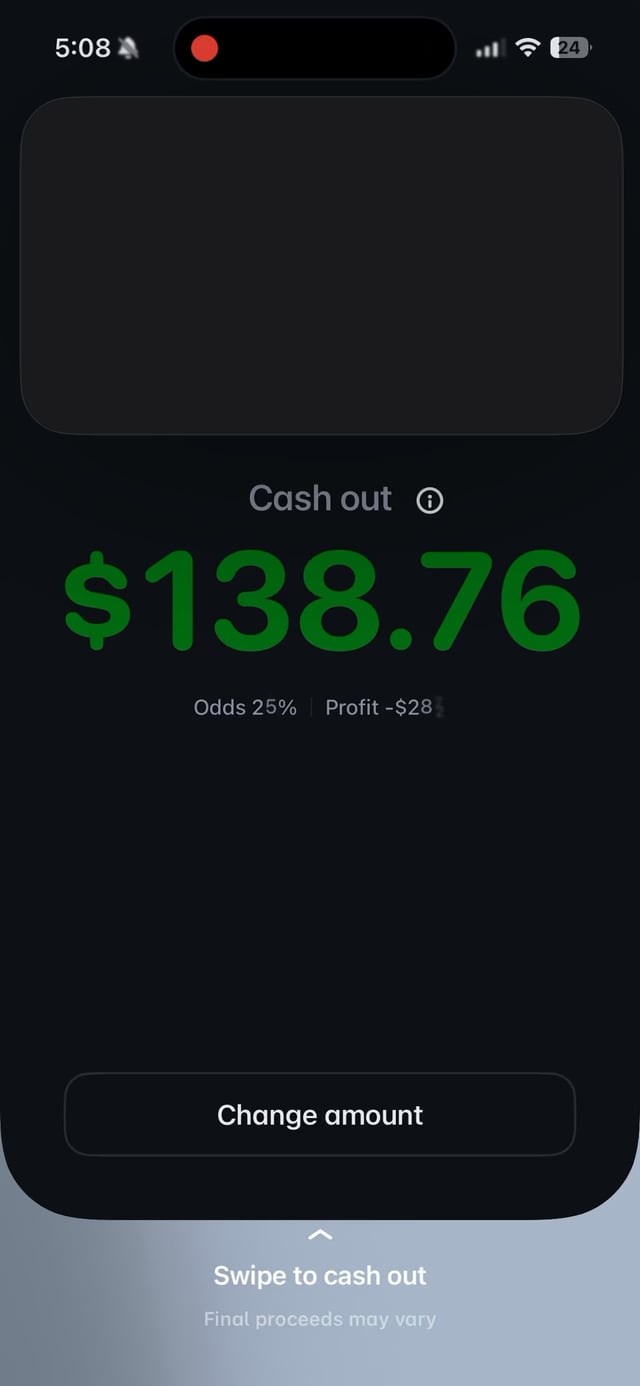 A dark-themed mobile app interface showing a "Cash out" screen with $138.76 in green, "Odds 25%", "Profit -$28", and a "Swipe to cash out" prompt.