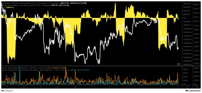 A CryptoQuant chart displays Stablecoin (USDT) Exchange Netflow data, showing a white line fluctuating around zero with values like -8805313.78, alongside yellow bars in the upper chart and orange/blue Spent Output Age Bands (1M-1M BTC) in the lower chart, illustrating the alternating periods of net outflows and inflows mentioned in the post.