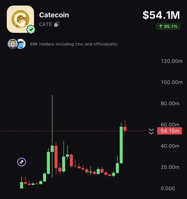 The image shows a candlestick chart for Catecoin (CATE) at $54.1M with an 85.1% gain, featuring 89K holders including "zinc" and "officialpatty," and displaying a massive previous high wick near $90M. The chart supports the post's bullish sentiment, showing CATE approaching a breakout past its prior peak with strong momentum that could potentially push it beyond $100M.