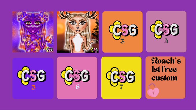 A purple-themed digital interface showing six numbered square buttons labeled 'CSG' alongside two custom character illustrations, with the bottom right button reading 'Roach's 1st free custom'.