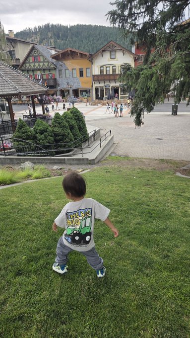A young child wearing a 'The Big Story' t-shirt with a bus graphic stands on grass looking toward a Bavarian-style alpine village plaza with chalet buildings and pine-covered hills in the background.