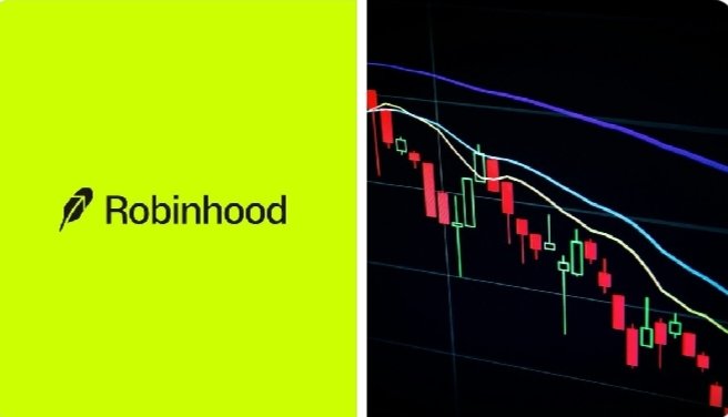 The Robinhood logo appears on a bright green background next to a candlestick stock chart displaying a sharp downward trend, visually reinforcing the post's message about the company's record $1.31B quarterly revenue being undermined by a significant decline in crypto revenue.