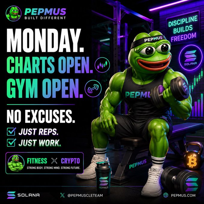 The image shows a muscular green frog sitting on a bench with weights, surrounded by other workout equipment like dumbbells and a kettlebell. The image also contains the text that promotes Monday charts open for fitness workouts at the gym. In the background of the image is a banner displaying text about Bitcoin transactions. The image emphasizes that the gym doesn't care about past exercise habits or financial decisions, encouraging users to show up, stay disciplined, trust the process, and maintain consistency with their workout routine.