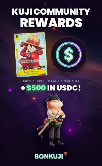 A promotional graphic for 'BONKUJI KUJI COMMUNITY REWARDS' featuring a Monkey D. Luffy trading card (McDonald's Promo P-186), a glowing dollar sign coin, and a 3D dog character holding a katana, advertising '+ $500 IN USDC!'.