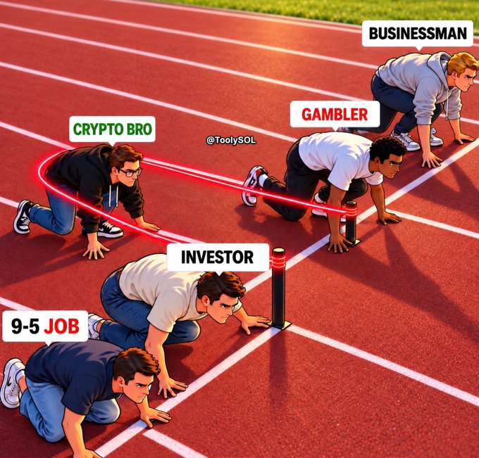 An animated illustration depicts five runners in starting positions on a track, labeled '9-5 JOB', 'INVESTOR', 'CRYPTO BRO', 'GAMBLER', and 'BUSINESSMAN', with the crypto bro's lane highlighted by a red trail leading to victory, watermarked '@TootySOL'.