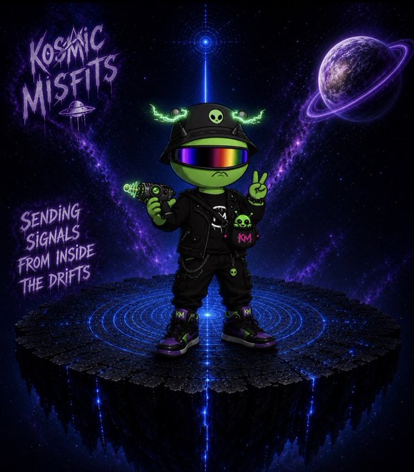 Colorful digital artwork titled 'KOSMIC MISFITS - SENDING SIGNALS FROM INSIDE THE DRIFTS,' featuring a green alien character with glowing green eyes, wearing a bucket hat and visor, holding a ray gun on a floating platform in space.