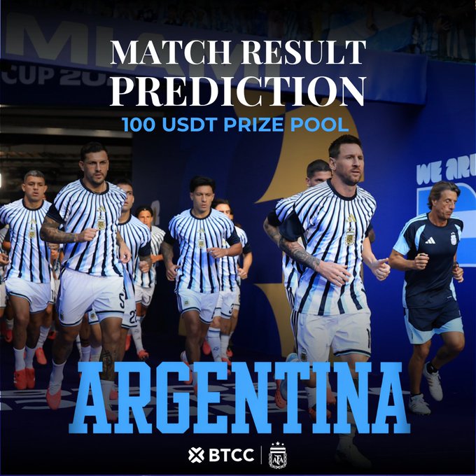 The image is a promotional graphic for a match result prediction contest featuring the Argentina national football team, with text reading "MATCH RESULT PREDICTION," "100 USDT PRIZE POOL," and "ARGENTINA," along with the BTCC logo and AFA crest. It corresponds to the contest post inviting users to predict the final score of an Argentina match for a chance to win from a 100 USDT prize pool.