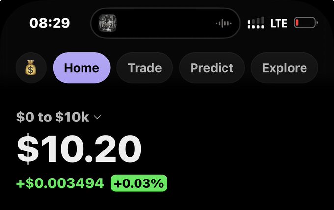 A mobile app screenshot showing a trading interface with navigation tabs for Home, Trade, Predict, and Explore, displaying a portfolio value of $10.20 with a +0.03% gain on a $0 to $10k portfolio.