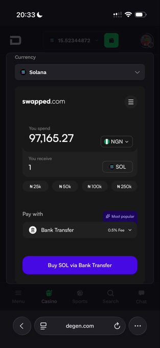 The image shows a smartphone screen displaying a trading app called @degencom, which allows users to buy and sell cryptocurrencies like Bitcoin directly from their bank account or through a bank transfer. The app also provides information about the current value of the cryptocurrency being bought or sold, as well as details on how to use it for transactions.