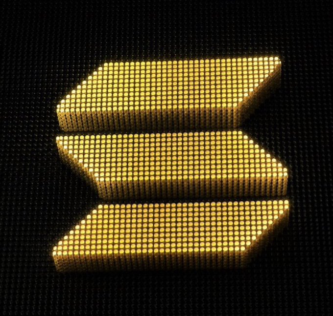 A glowing yellow, three-bar equalizer or menu icon made of small illuminated dots on a black dotted background.