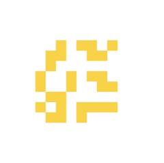 A yellow pixel-art style geometric logo on a white background.
