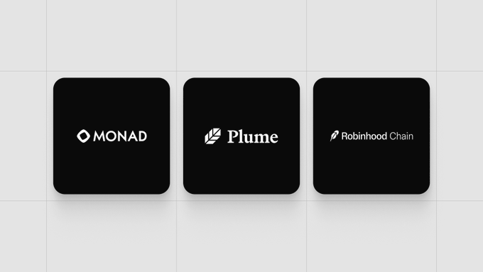 The image shows three black rounded-square logos side by side on a light grid background: MONAD, Plume, and Robinhood Chain. The accompanying post explains that Plume Vaults are now accessible on Monad and Robinhood Crypto, allowing real-world asset vaults such as nOPAL and FACTOR to be used in these ecosystems, with more chains to follow.