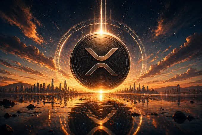 A dramatic digital artwork showing a large XRP (Ripple) cryptocurrency coin hovering over a city skyline at sunset, with a glowing light beam emanating from behind it and its reflection in the water below.