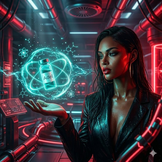 A stylized sci-fi image of a woman in a leather jacket holding a glowing holographic vial labeled 'Adel' amid molecular formulas in a red-lit industrial setting.