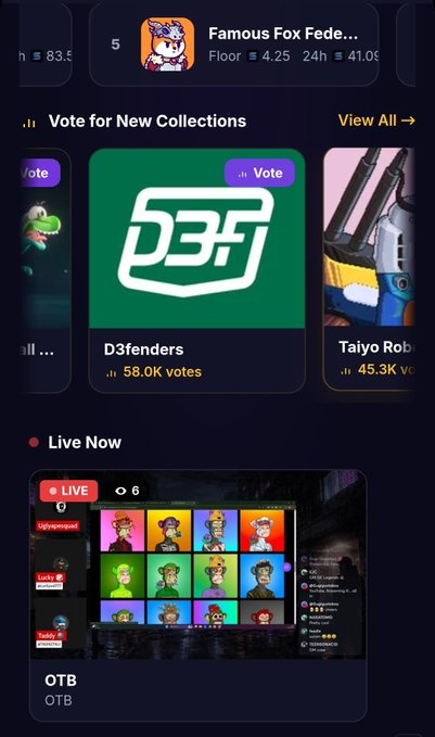 The image shows a cell phone screen displaying various social media feeds, including a video of a game with multiple players and a live stream of a cartoon character. The main post appears to be about voting for new collections or favorites. The text on the screen reads "OTB with @luckysol777 and @TADIGITAL1 streaming now on @OrbisOnSOL orbisionsol.io". This suggests that the image is related to a social media platform where users can vote, watch videos, and stream content from other users or creators.