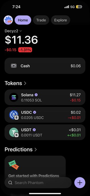 A Phantom wallet screenshot for "Decyz2" with a total balance of $11.36 (-$0.15, -1.31%), showing holdings of 0.11053 SOL ($11.27), 0.0205 USDC ($0.02), and 0.0011 USDT (<$0.01), supporting the caption about Solana wallets being funded.
