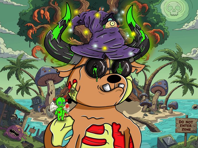 A cartoonish illustration depicts a dog-like creature wearing a tattered purple wizard hat and sunglasses with green dripping lenses, set in a tropical scene with mushrooms, palm trees, and a 'DO NOT ENTER ZONE' sign.