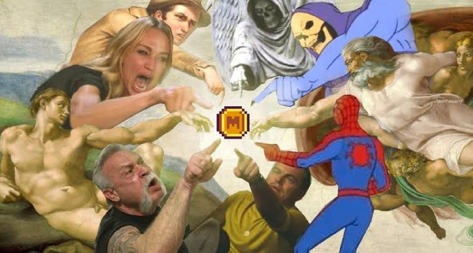 A humorous mashup parodying Michelangelo's "Creation of Adam," depicting meme culture icons (including a skeleton pointing at a Spiderman figure) and Angry Video Game Nerd alongside classical figures, all pointing toward a pixelated "$MEME" icon at the center—visually asserting it as the "one true meme" referenced in the post.