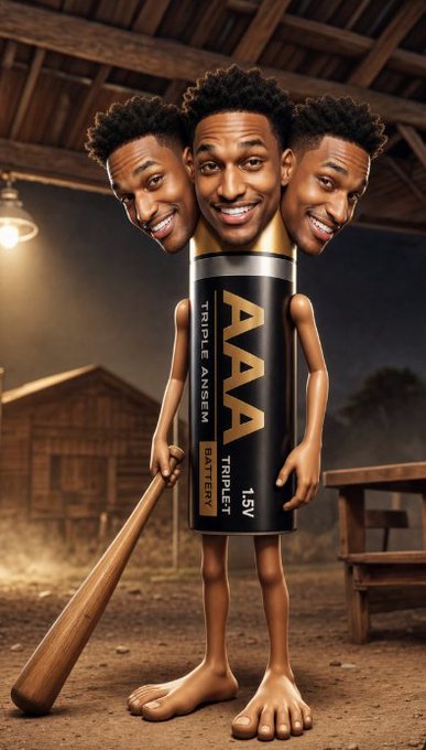 A surreal character with three smiling heads stands holding a baseball bat, its torso formed by a large black and gold battery labeled "AAA TRIPLE 1.5V" with text including "TRIPLE ANSIEM" and "TRPLE1," visually merging the $ANSEM and $TripleT/$tripleA tickers into a meme-style mascot.